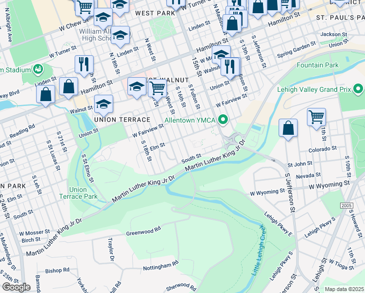 map of restaurants, bars, coffee shops, grocery stores, and more near 418 South West Street in Allentown