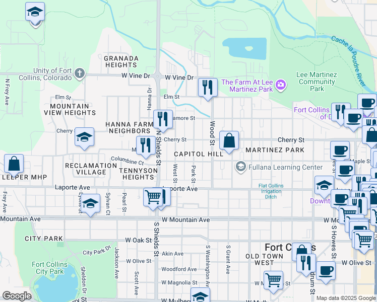 map of restaurants, bars, coffee shops, grocery stores, and more near 317 Park Street in Fort Collins