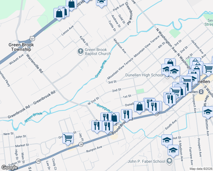 map of restaurants, bars, coffee shops, grocery stores, and more near 785 3rd Street in Dunellen