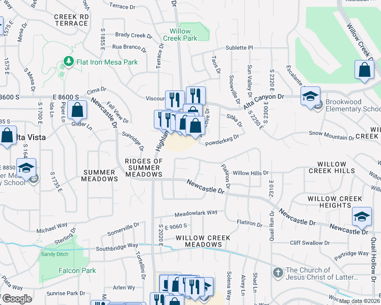 map of restaurants, bars, coffee shops, grocery stores, and more near 2095 Debeers Dr in Sandy