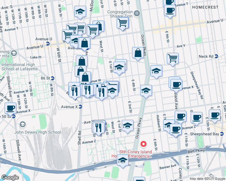 map of restaurants, bars, coffee shops, grocery stores, and more near 2352 East 1st Street in Brooklyn