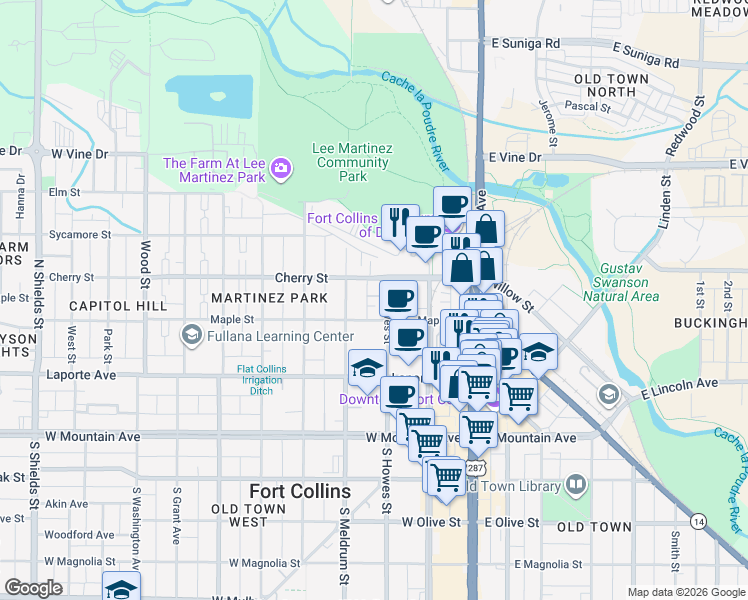 map of restaurants, bars, coffee shops, grocery stores, and more near 309 North Howes Street in Fort Collins