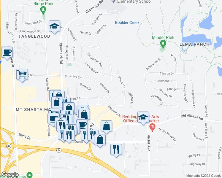 map of restaurants, bars, coffee shops, grocery stores, and more near 1428 Duck Tail Court in Redding