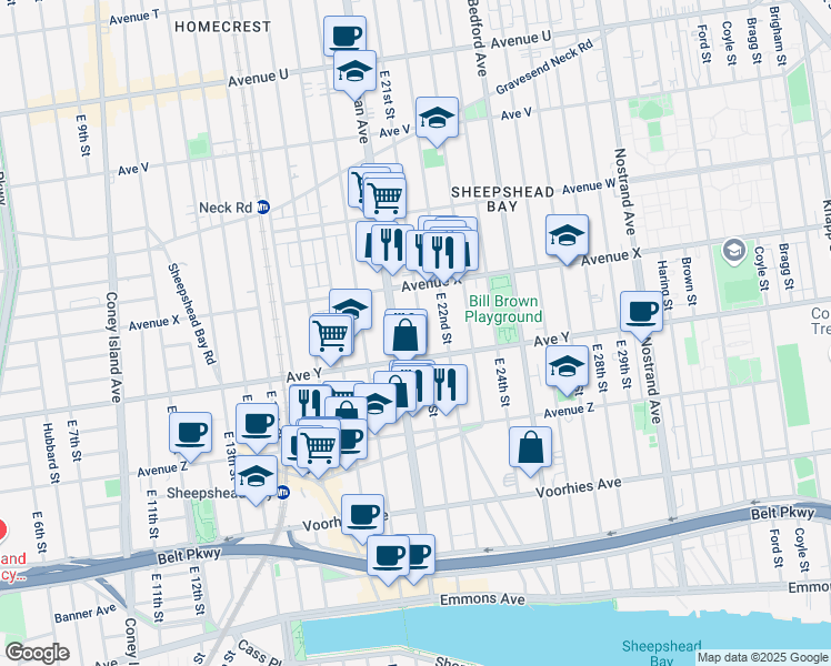 map of restaurants, bars, coffee shops, grocery stores, and more near 2496 East 21st Street in Brooklyn