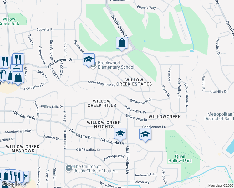 map of restaurants, bars, coffee shops, grocery stores, and more near 2623 Willow Bend Drive in Sandy