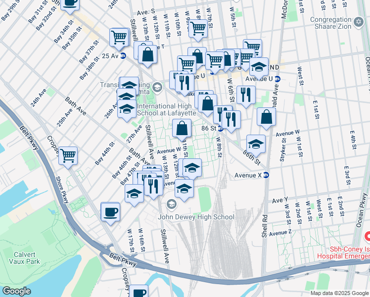 map of restaurants, bars, coffee shops, grocery stores, and more near 97 Avenue W in Brooklyn