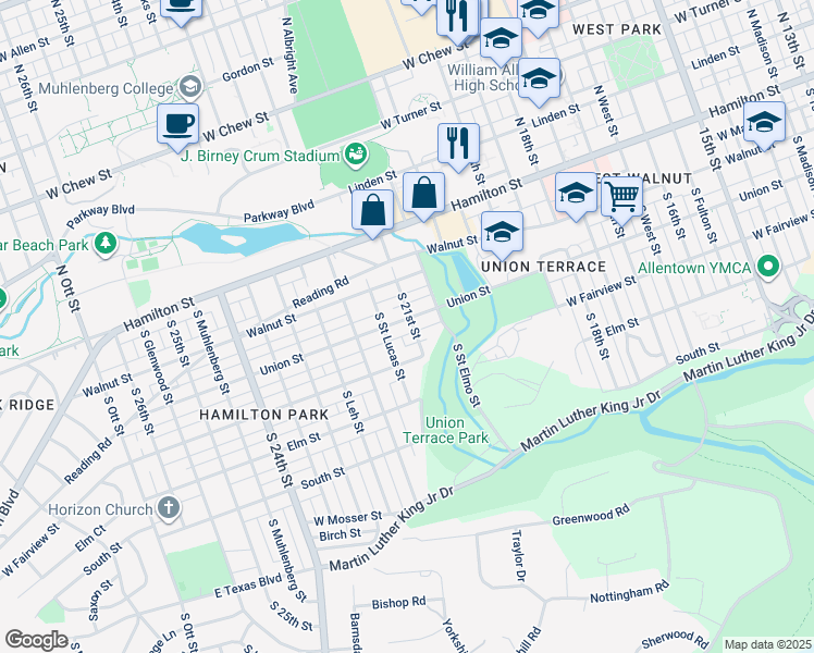 map of restaurants, bars, coffee shops, grocery stores, and more near 2102 Union Street in Allentown