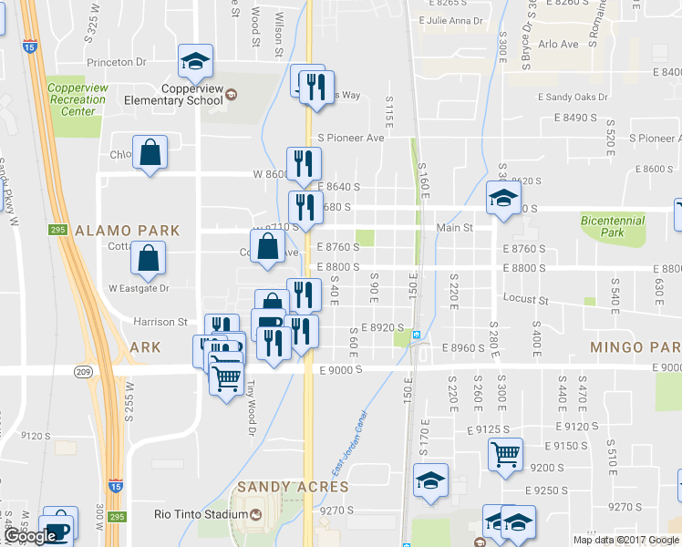 map of restaurants, bars, coffee shops, grocery stores, and more near 8811 S 40 E in Sandy