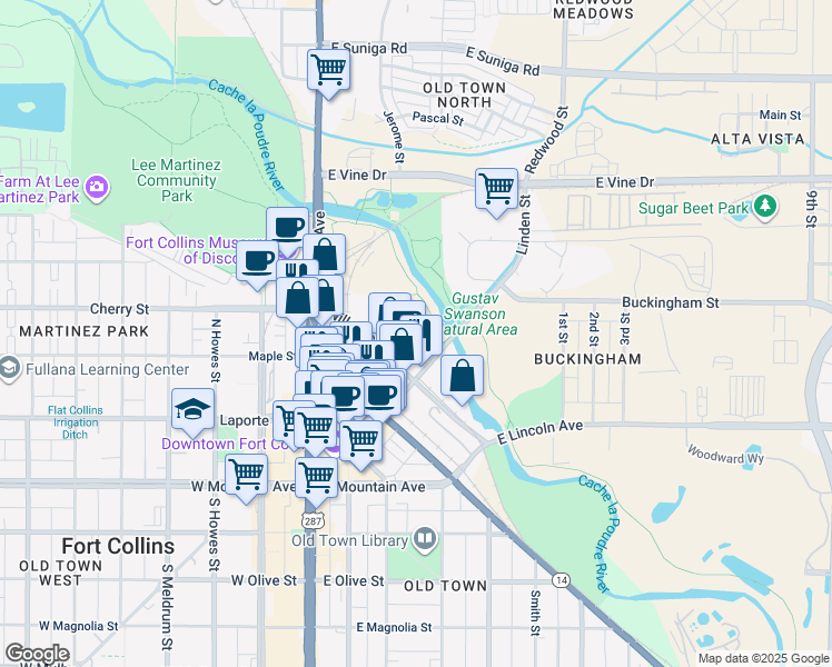 map of restaurants, bars, coffee shops, grocery stores, and more near 413 Linden Street in Fort Collins