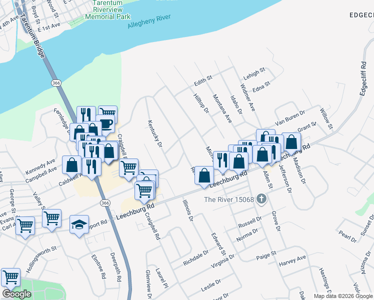 map of restaurants, bars, coffee shops, grocery stores, and more near 144 Reed Street in New Kensington