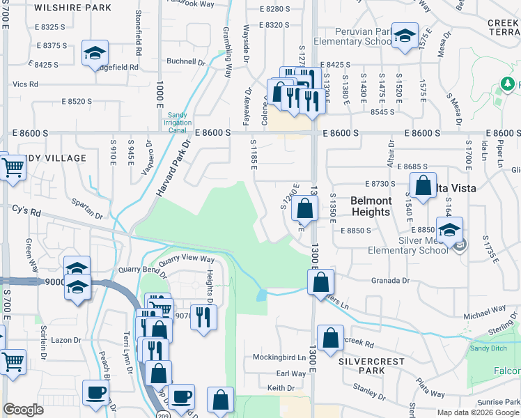 map of restaurants, bars, coffee shops, grocery stores, and more near 8788 South 1185 East in Sandy