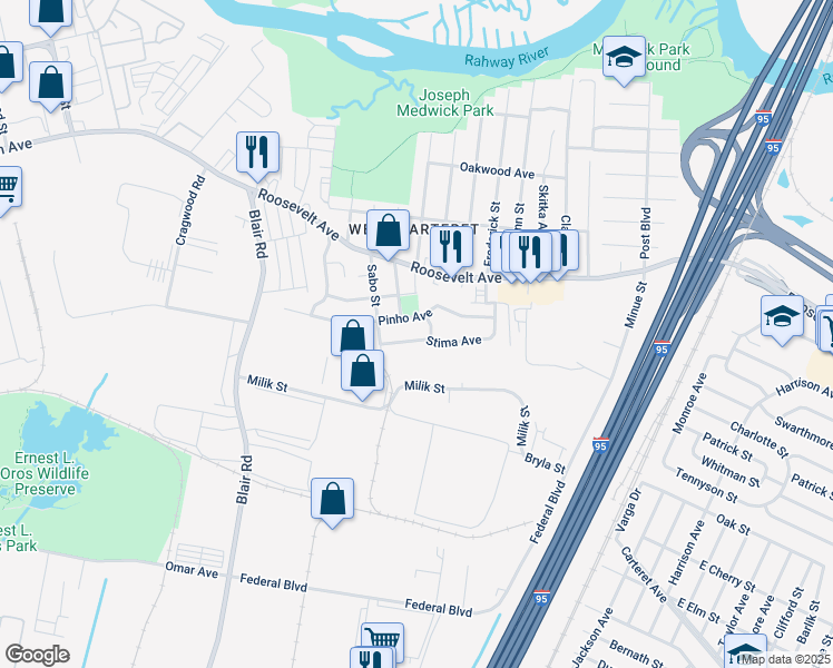 map of restaurants, bars, coffee shops, grocery stores, and more near 6 Sczkurka Place in Carteret
