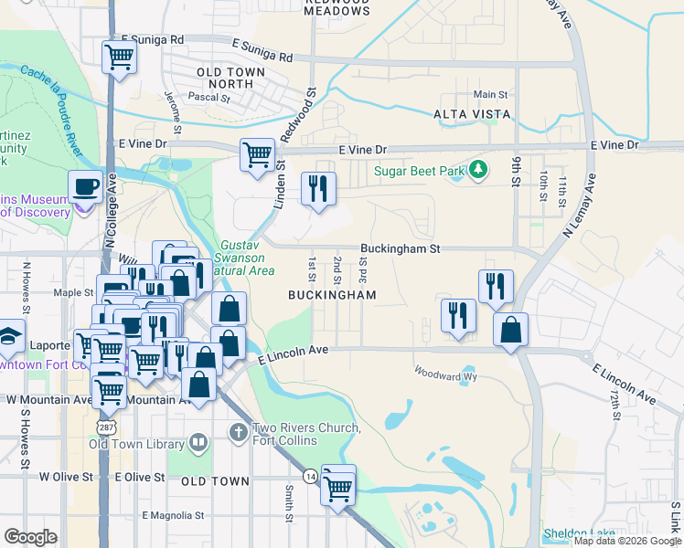 map of restaurants, bars, coffee shops, grocery stores, and more near 220 2nd Street in Fort Collins