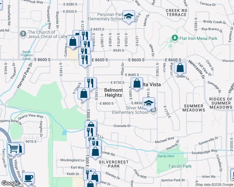 map of restaurants, bars, coffee shops, grocery stores, and more near 8797 South Capella Way in Sandy