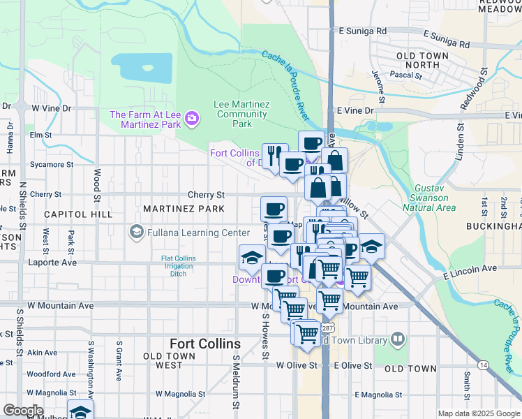 map of restaurants, bars, coffee shops, grocery stores, and more near 309 North Howes Street in Fort Collins