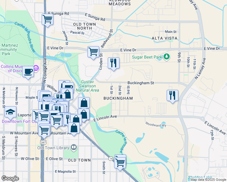 map of restaurants, bars, coffee shops, grocery stores, and more near 220 1st Street in Fort Collins