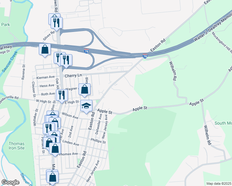 map of restaurants, bars, coffee shops, grocery stores, and more near 400 Morning Star in Hellertown