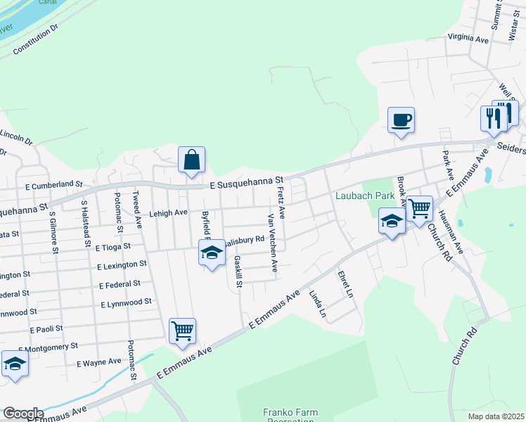 map of restaurants, bars, coffee shops, grocery stores, and more near 1324 Lehigh Avenue in Allentown