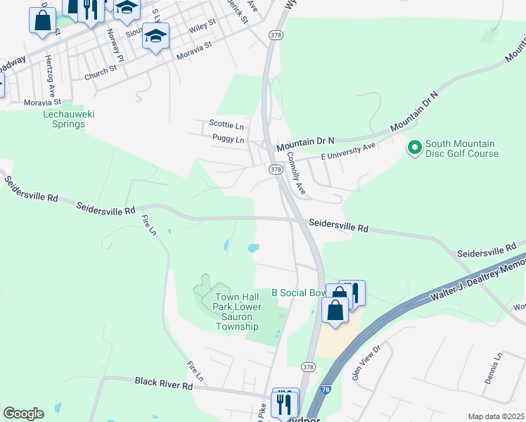 map of restaurants, bars, coffee shops, grocery stores, and more near 1323 Seidersville Road in Bethlehem