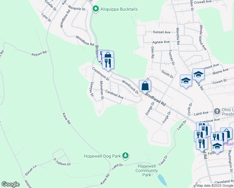 map of restaurants, bars, coffee shops, grocery stores, and more near 112 Larry Street in Aliquippa