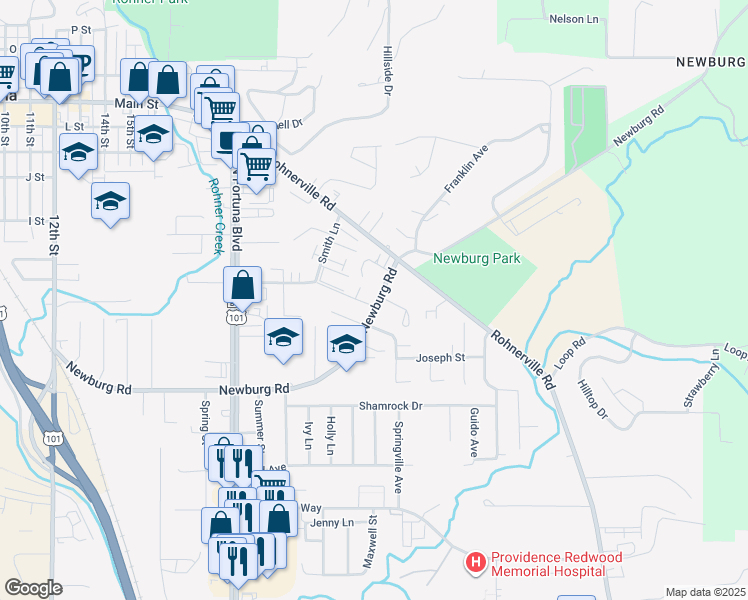 map of restaurants, bars, coffee shops, grocery stores, and more near 2435 Newburg Road in Fortuna