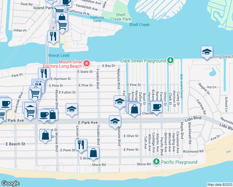 map of restaurants, bars, coffee shops, grocery stores, and more near 580 East Fulton Street in Long Beach