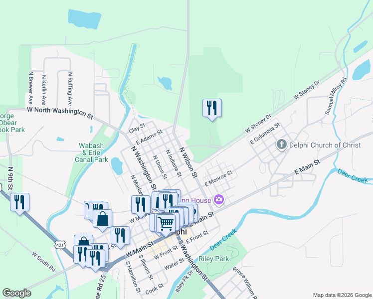 map of restaurants, bars, coffee shops, grocery stores, and more near 421 North Wilson Street in Delphi