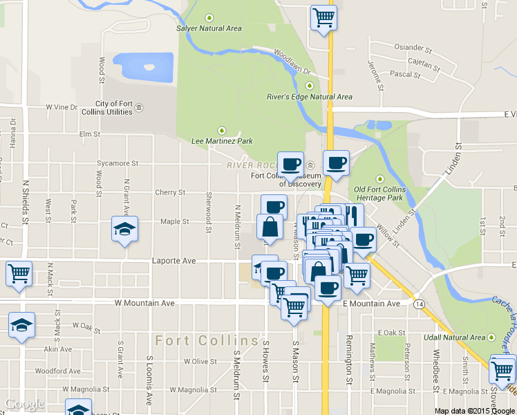 map of restaurants, bars, coffee shops, grocery stores, and more near 309 North Howes Street in Fort Collins