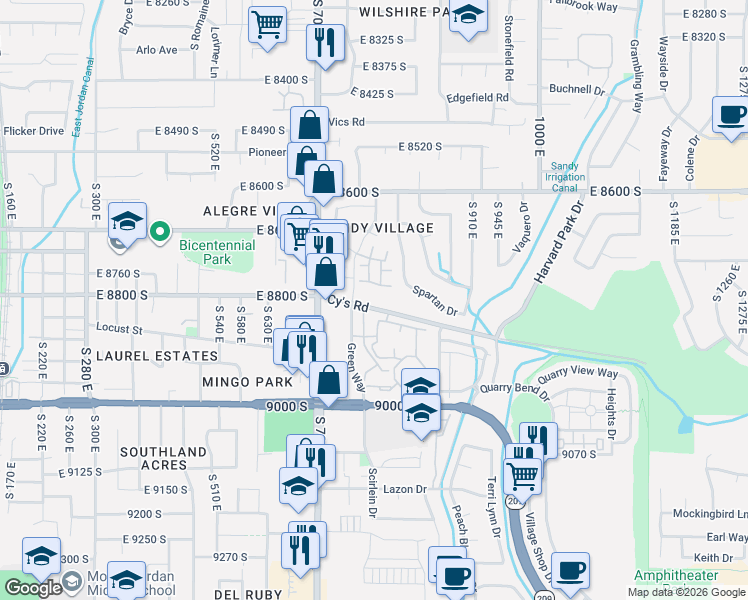 map of restaurants, bars, coffee shops, grocery stores, and more near 777 East 8875 South in Sandy