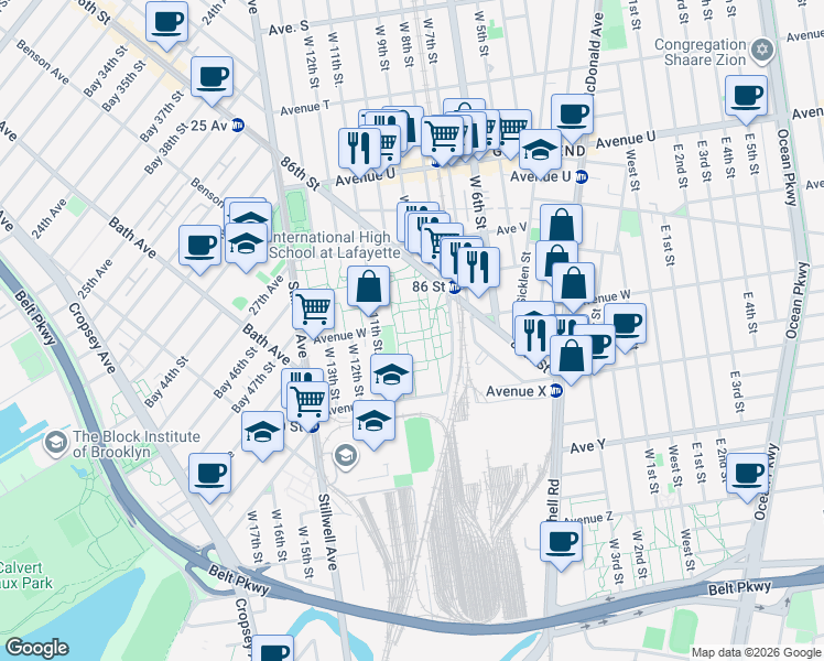 map of restaurants, bars, coffee shops, grocery stores, and more near 2295 West 11th Street in Brooklyn