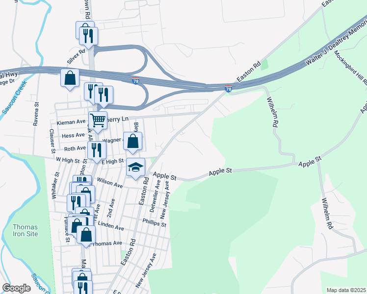 map of restaurants, bars, coffee shops, grocery stores, and more near 400 Morning Star in Hellertown