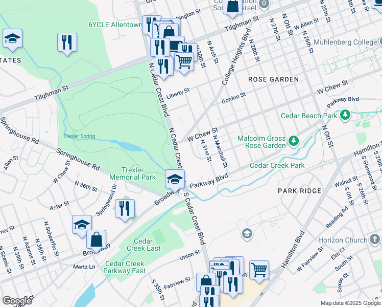 map of restaurants, bars, coffee shops, grocery stores, and more near 218 Parkview Avenue in Allentown