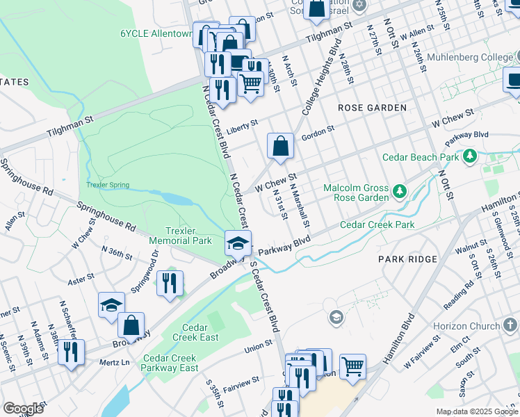 map of restaurants, bars, coffee shops, grocery stores, and more near 218 Parkview Avenue in Allentown