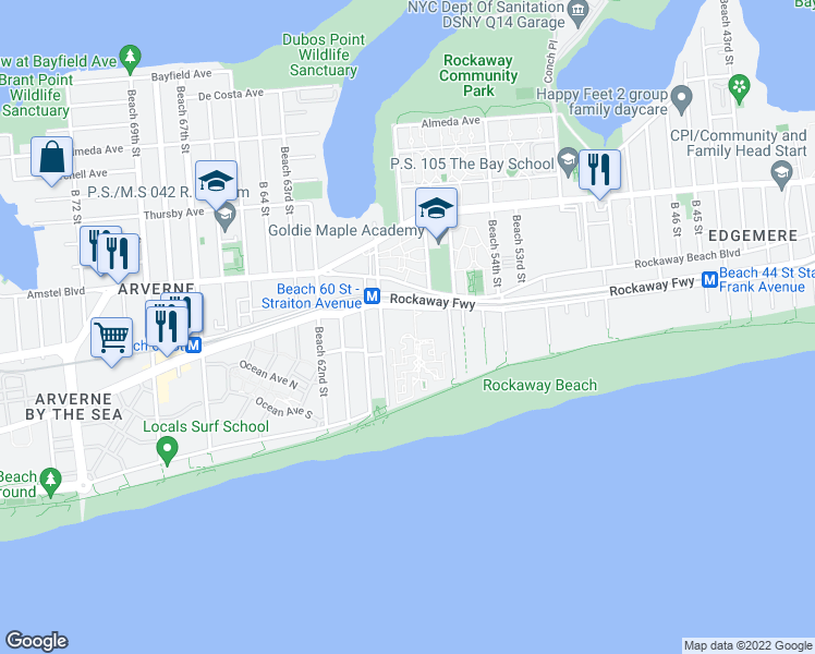 map of restaurants, bars, coffee shops, grocery stores, and more near 5715 Rockaway Beach Boulevard in Queens