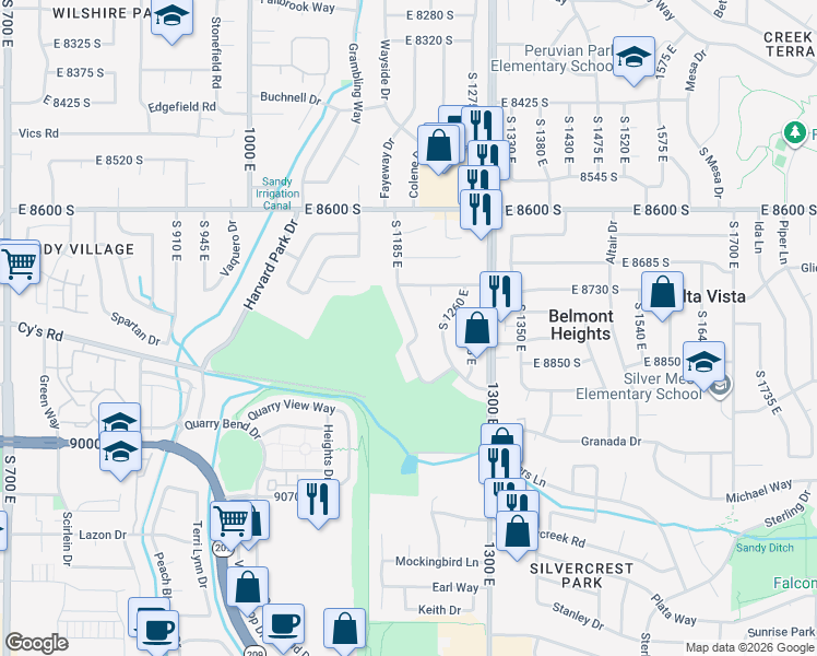 map of restaurants, bars, coffee shops, grocery stores, and more near 8788 South 1185 East in Sandy