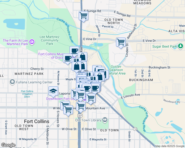 map of restaurants, bars, coffee shops, grocery stores, and more near 112 E Willow Street in Fort Collins