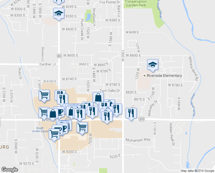 map of restaurants, bars, coffee shops, grocery stores, and more near 1395 W 8780 S in West Jordan