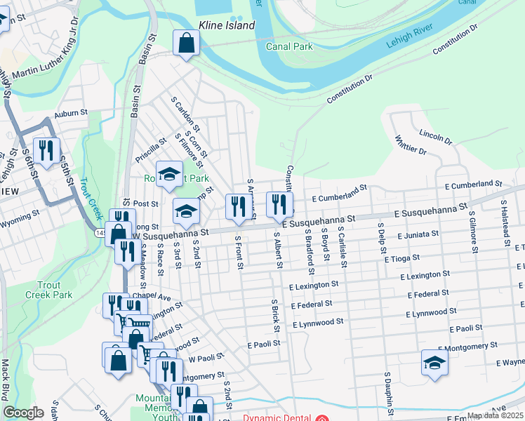 map of restaurants, bars, coffee shops, grocery stores, and more near 44 East Cumberland Street in Allentown