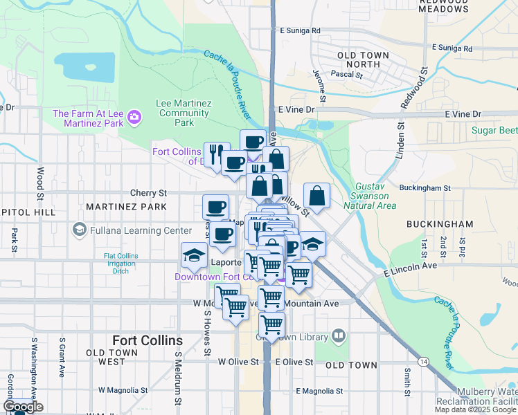 map of restaurants, bars, coffee shops, grocery stores, and more near 360 Tenney Court in Fort Collins