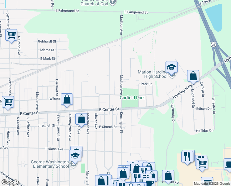 map of restaurants, bars, coffee shops, grocery stores, and more near 1228 Wilson Ave in Marion