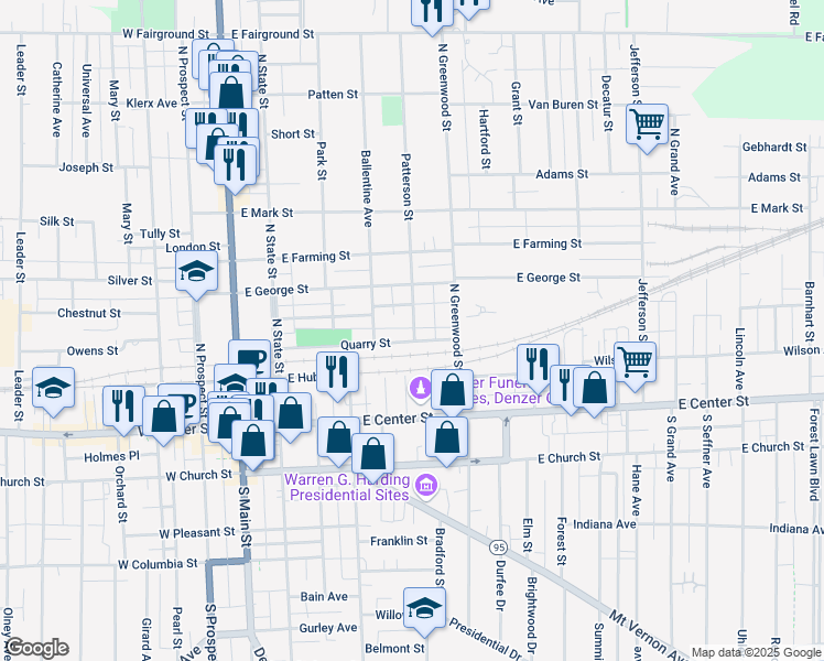map of restaurants, bars, coffee shops, grocery stores, and more near 227 Patterson Street in Marion