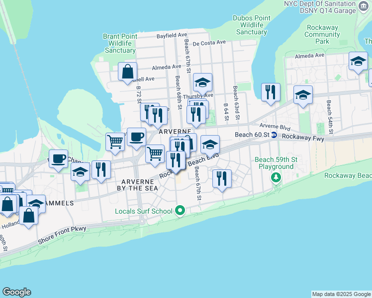 map of restaurants, bars, coffee shops, grocery stores, and more near 310 Beach 68th Street in Queens