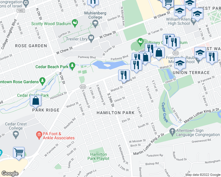 map of restaurants, bars, coffee shops, grocery stores, and more near 2327 Walnut Street in Allentown