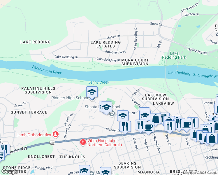 map of restaurants, bars, coffee shops, grocery stores, and more near 590 Mary Street in Redding