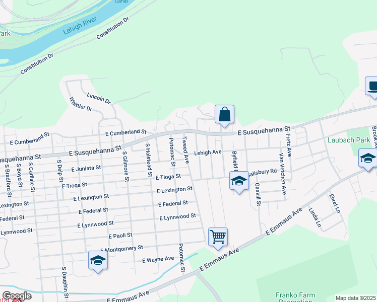 map of restaurants, bars, coffee shops, grocery stores, and more near 1241 Tweed Avenue in Allentown