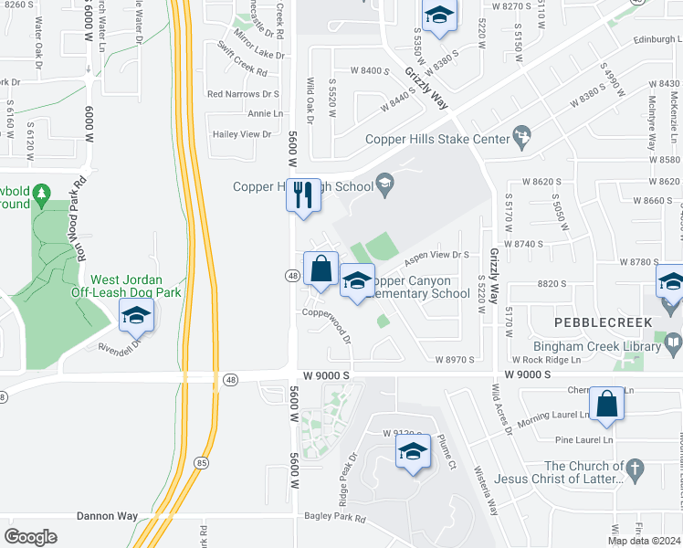 map of restaurants, bars, coffee shops, grocery stores, and more near 8793 South Big Bar Court in West Jordan