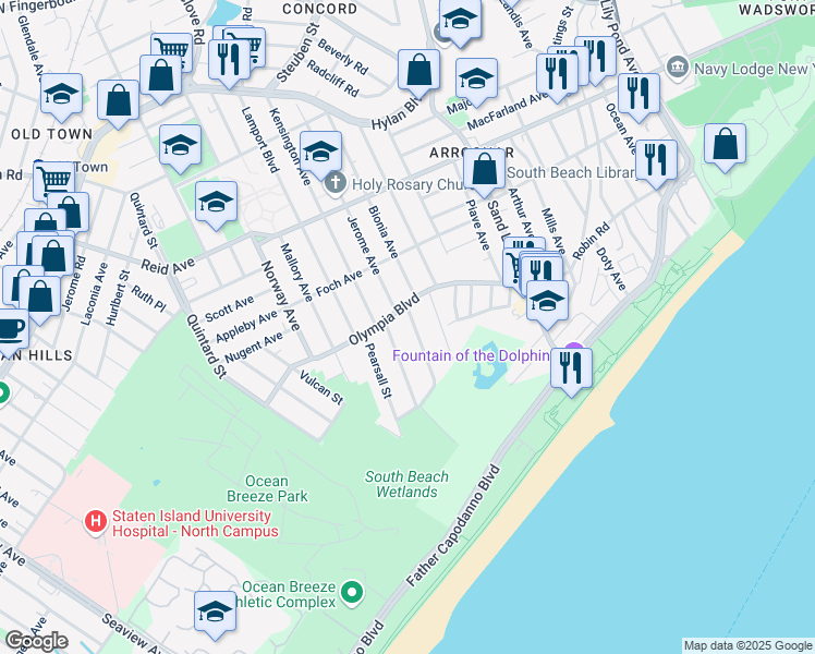 map of restaurants, bars, coffee shops, grocery stores, and more near 22 Andrews Street in Staten Island