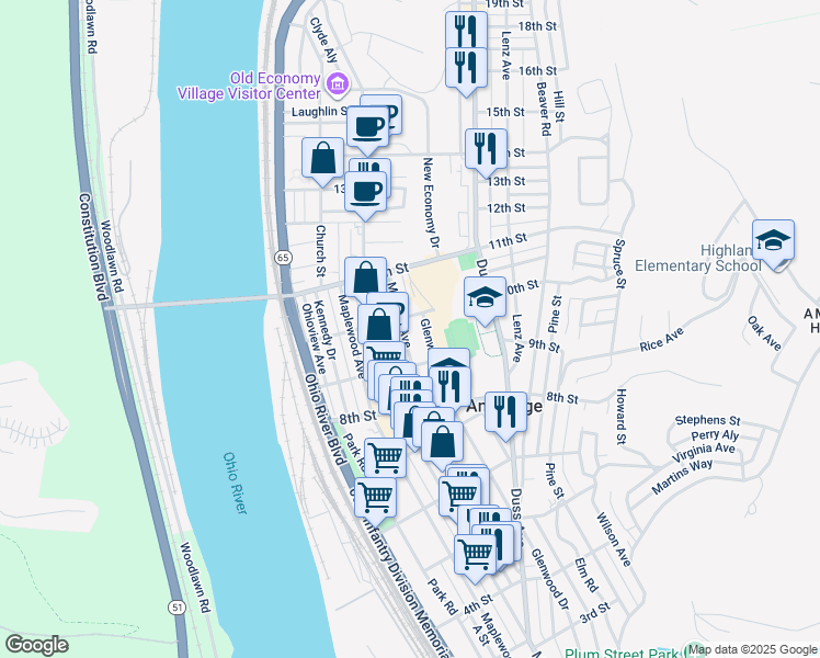 map of restaurants, bars, coffee shops, grocery stores, and more near 934 Melrose Ave in Ambridge