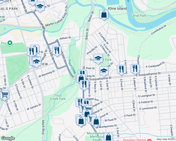 map of restaurants, bars, coffee shops, grocery stores, and more near 1010 South Meadow Street in Allentown