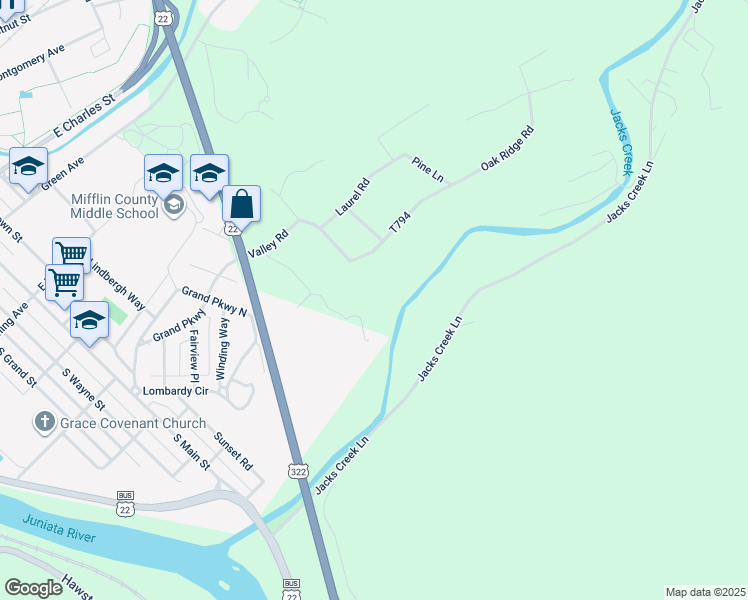 map of restaurants, bars, coffee shops, grocery stores, and more near 67 Mary Lane in Lewistown